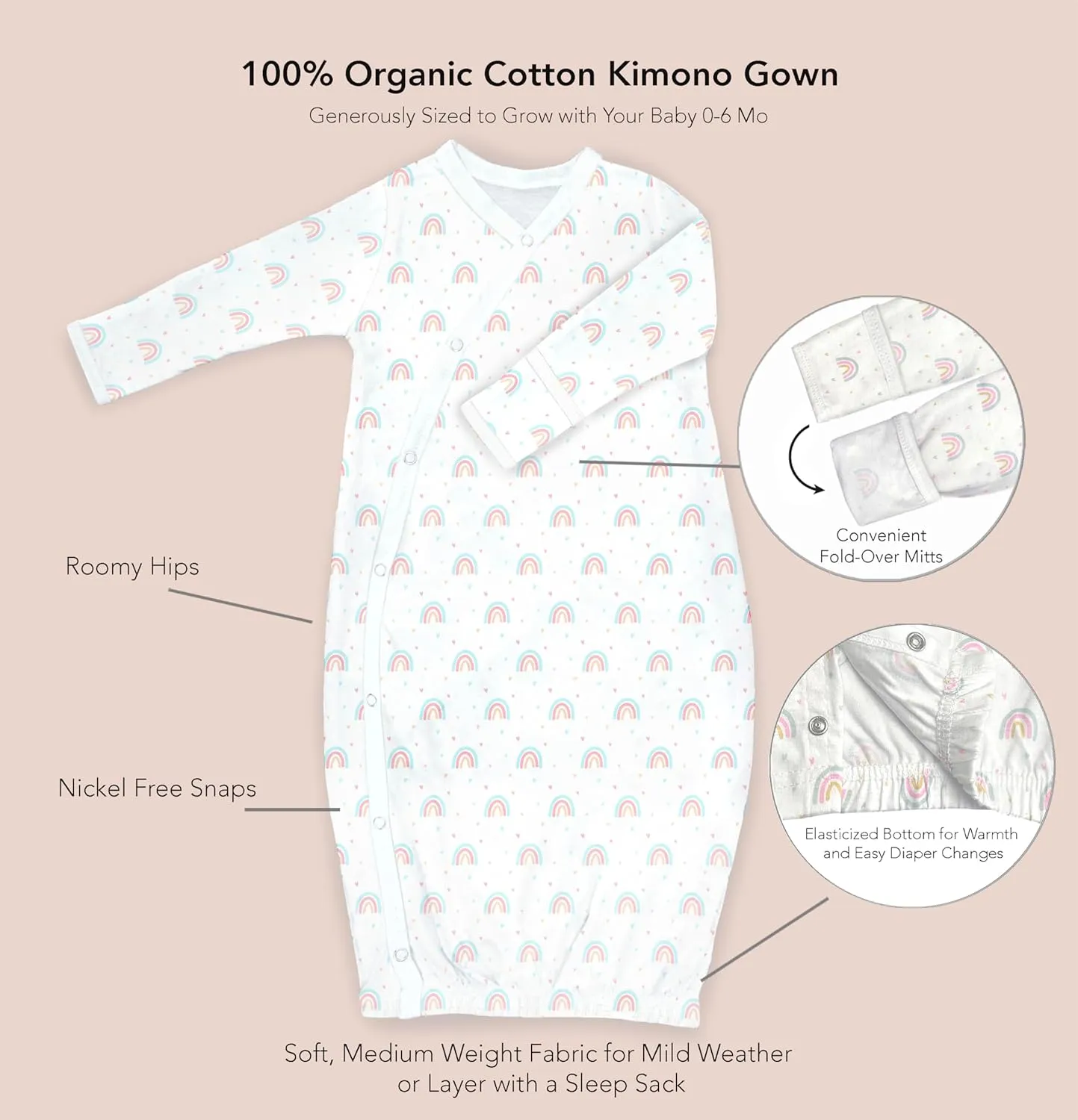 Cambria Baby 100% Organic Kimono Gowns. Side Snaps with Built in Mitts. (Hearts and Rainbows, 0-6 Months)