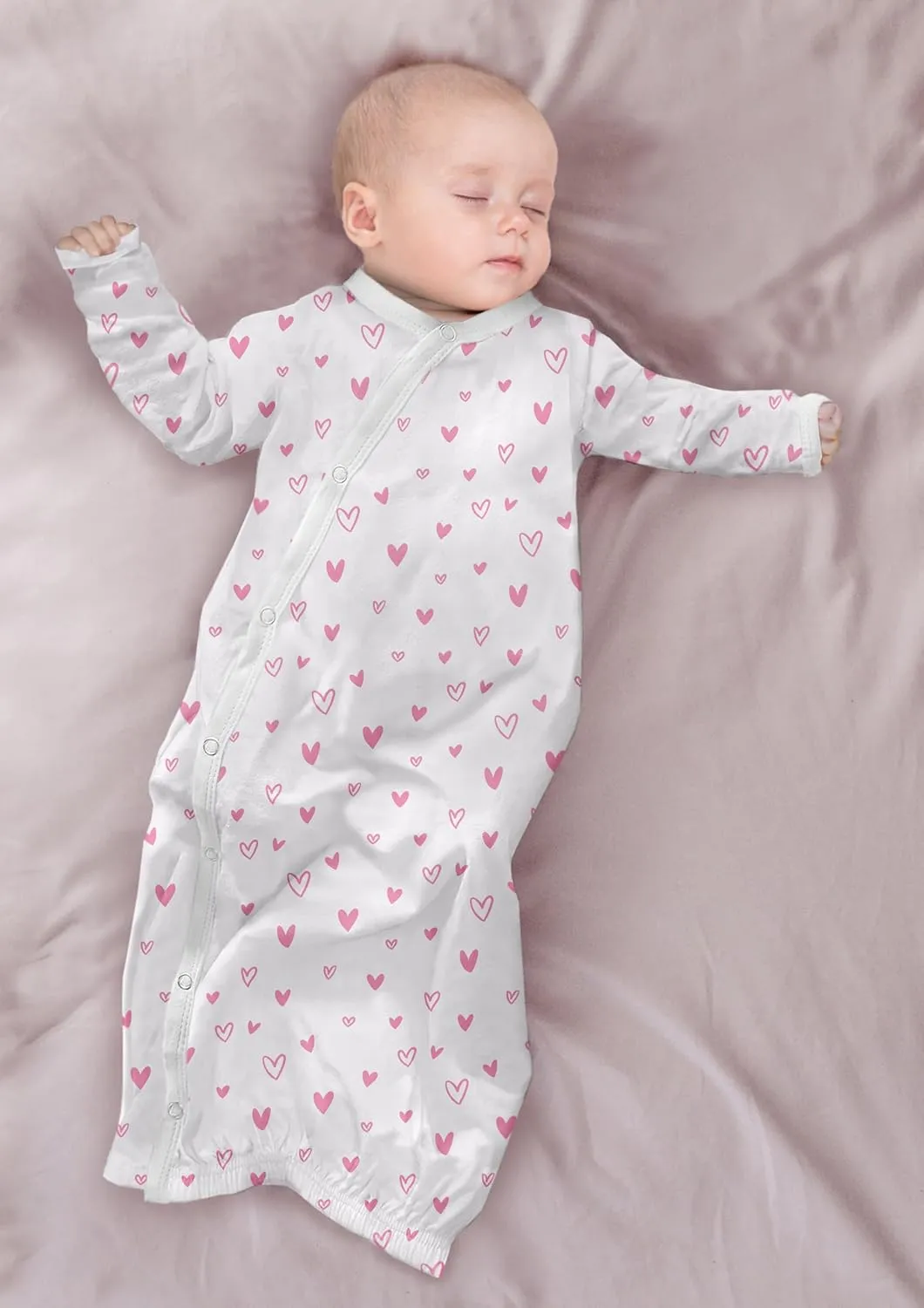 Cambria Baby 100% Organic Kimono Gowns. Side Snaps with Built in Mitts. (Hearts and Rainbows, 0-6 Months)