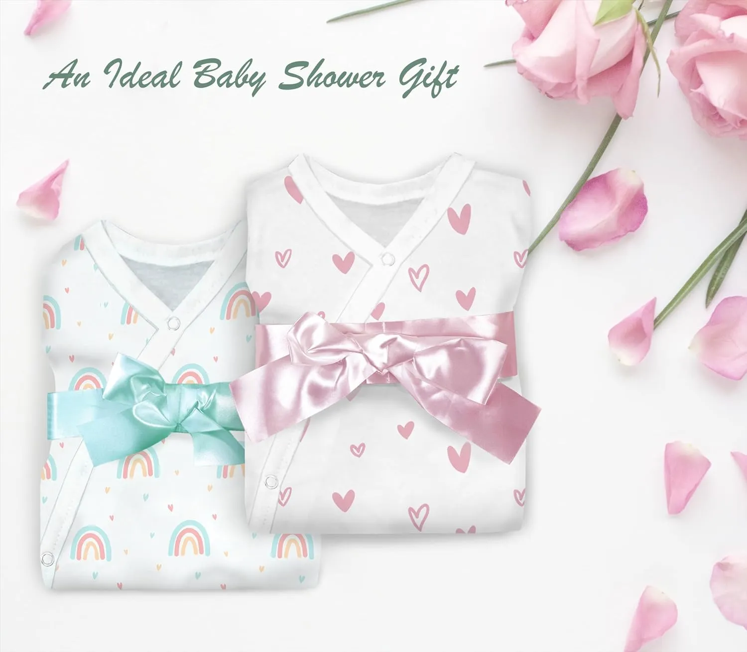 Cambria Baby 100% Organic Kimono Gowns. Side Snaps with Built in Mitts. (Hearts and Rainbows, 0-6 Months)