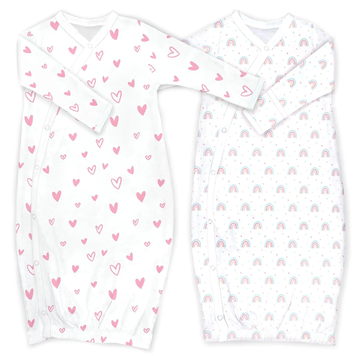 Cambria Baby 100% Organic Kimono Gowns. Side Snaps with Built in Mitts. (Hearts and Rainbows, 0-6 Months)