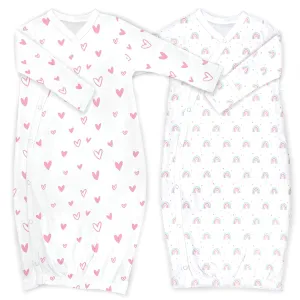 Cambria Baby 100% Organic Kimono Gowns. Side Snaps with Built in Mitts. (Hearts and Rainbows, 0-6 Months)