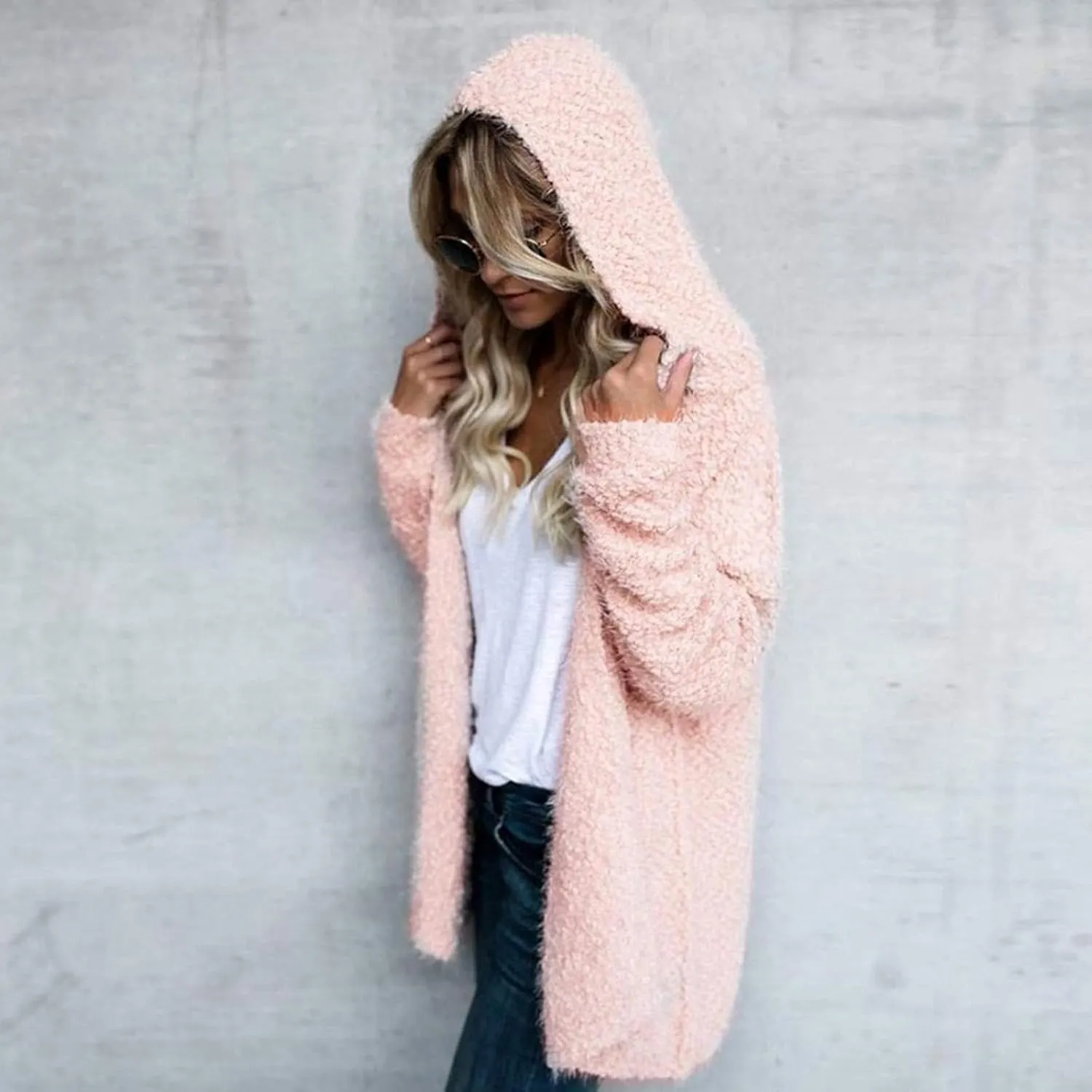Cardigan Sweaters for Women Plus Size Long Sleeve Solid Fuzzy Fleece Open Front Hooded Cardigans Coats Casual Sherpa Jacket