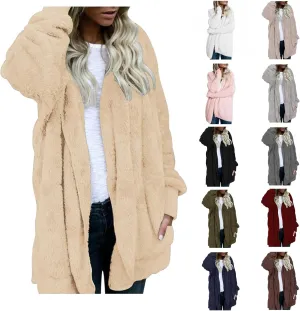 Cardigan Sweaters for Women Plus Size Long Sleeve Solid Fuzzy Fleece Open Front Hooded Cardigans Coats Casual Sherpa Jacket