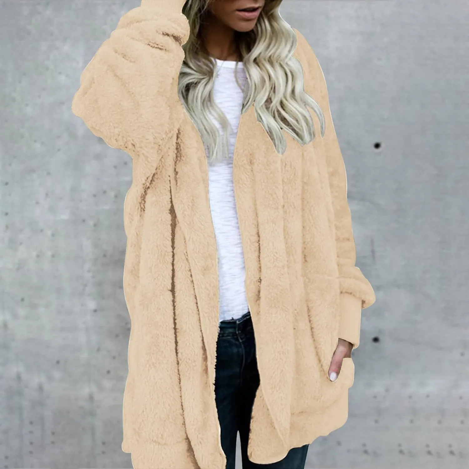 Cardigan Sweaters for Women Plus Size Long Sleeve Solid Fuzzy Fleece Open Front Hooded Cardigans Coats Casual Sherpa Jacket