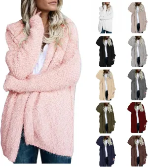 Cardigan Sweaters for Women Plus Size Long Sleeve Solid Fuzzy Fleece Open Front Hooded Cardigans Coats Casual Sherpa Jacket