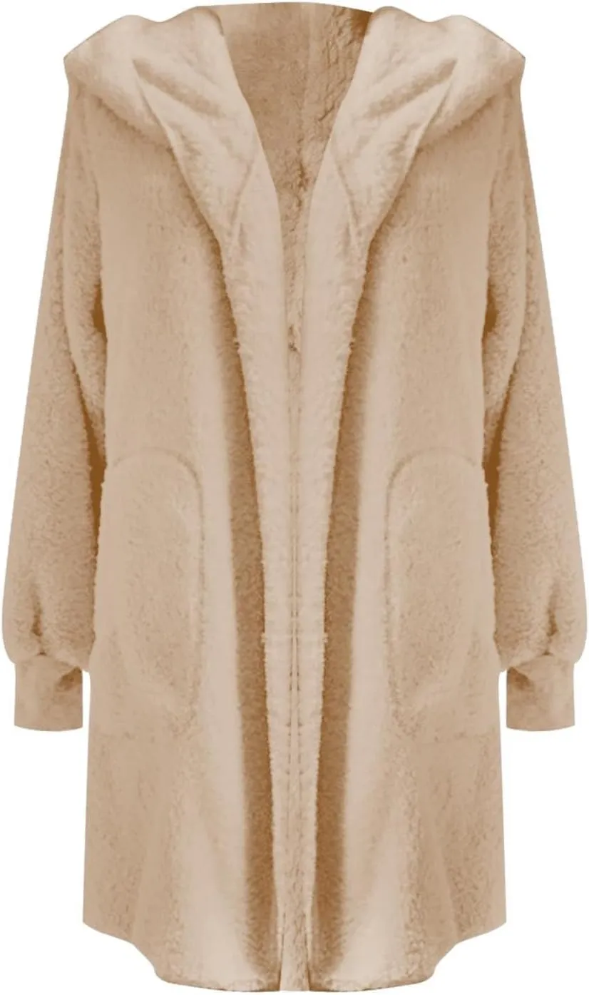 Cardigan Sweaters for Women Plus Size Long Sleeve Solid Fuzzy Fleece Open Front Hooded Cardigans Coats Casual Sherpa Jacket