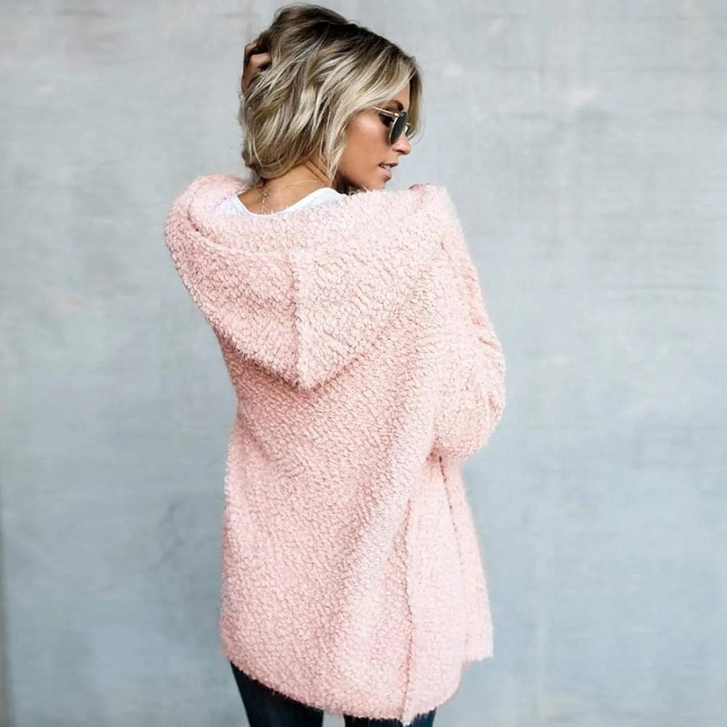 Cardigan Sweaters for Women Plus Size Long Sleeve Solid Fuzzy Fleece Open Front Hooded Cardigans Coats Casual Sherpa Jacket