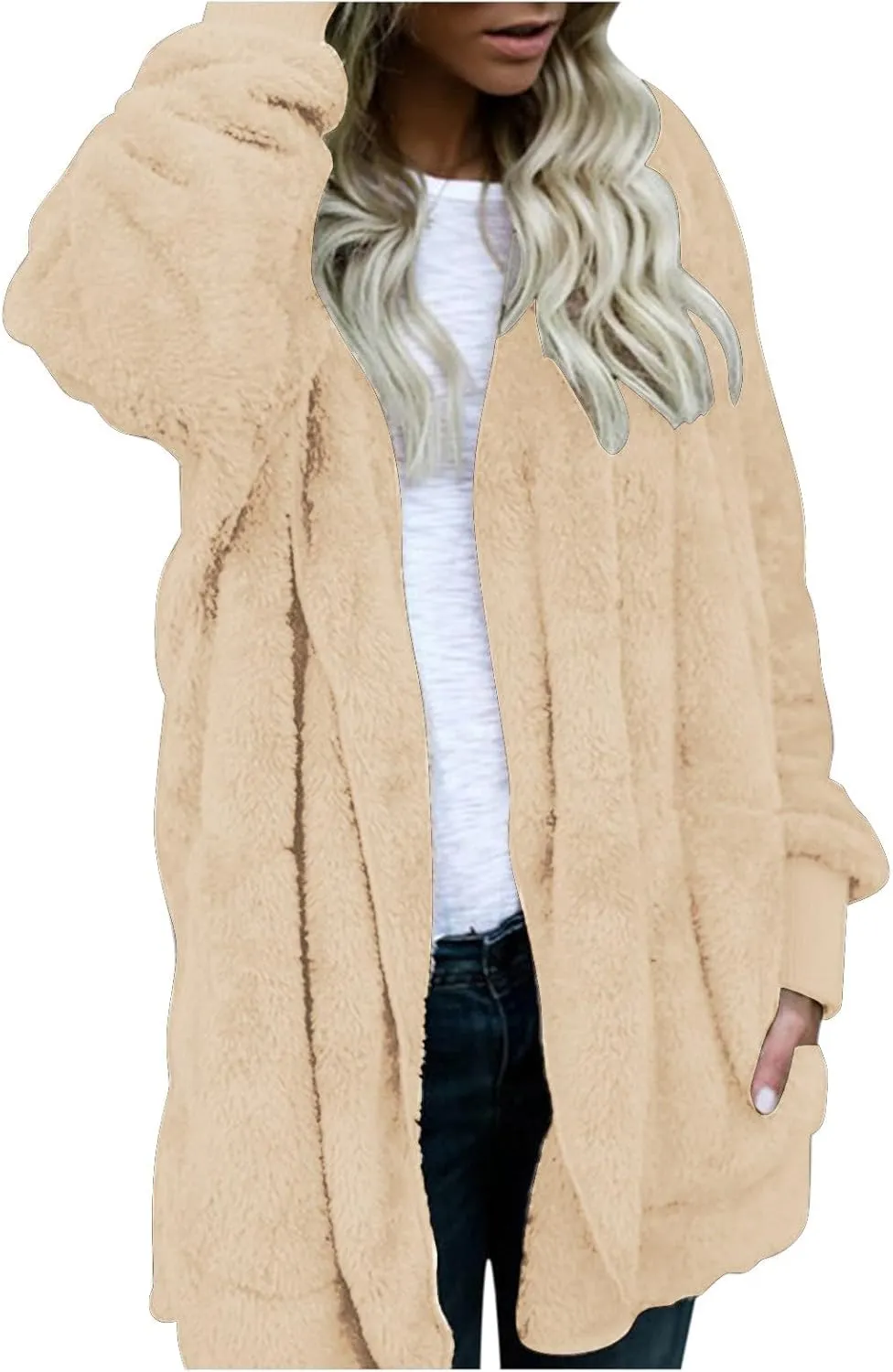 Cardigan Sweaters for Women Plus Size Long Sleeve Solid Fuzzy Fleece Open Front Hooded Cardigans Coats Casual Sherpa Jacket