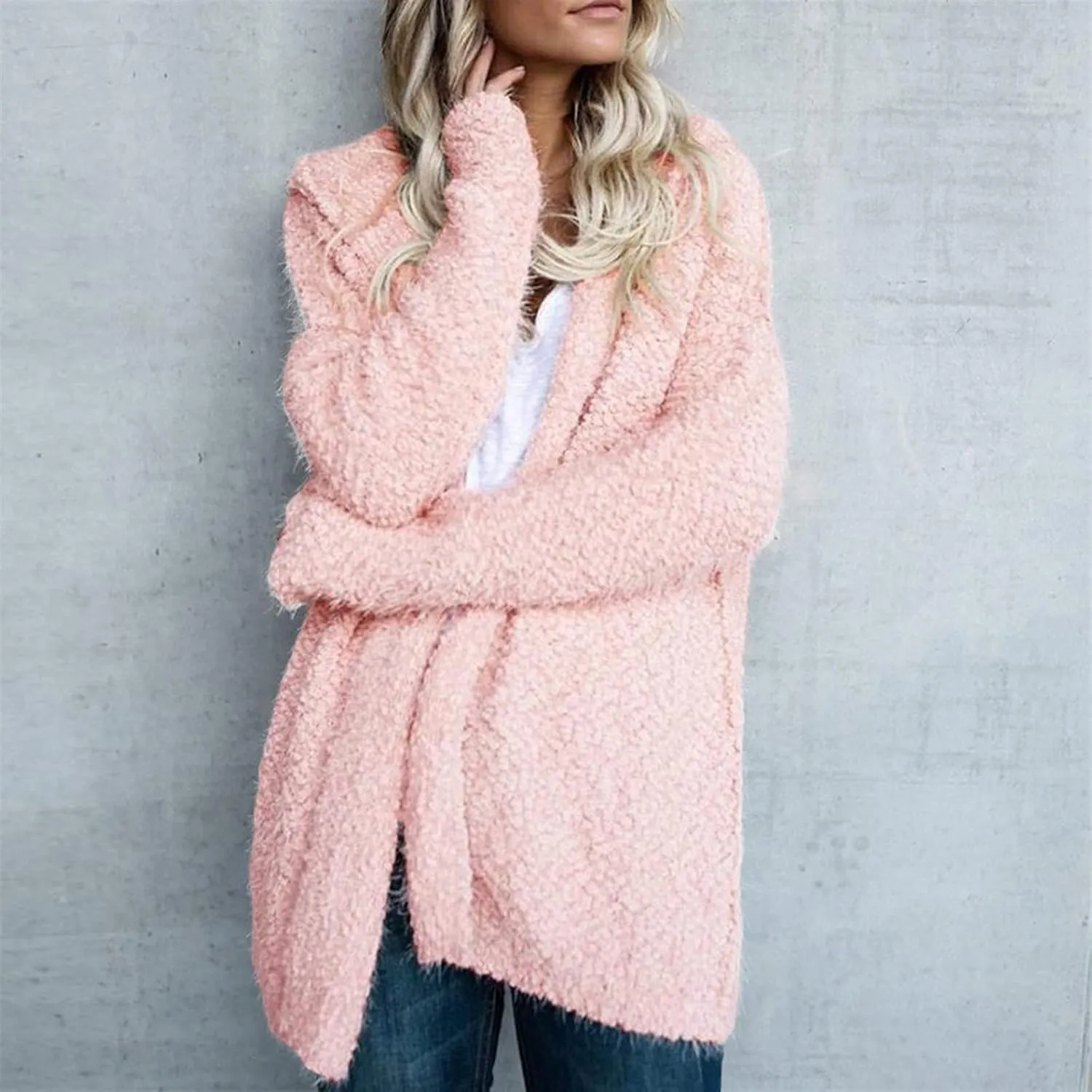 Cardigan Sweaters for Women Plus Size Long Sleeve Solid Fuzzy Fleece Open Front Hooded Cardigans Coats Casual Sherpa Jacket