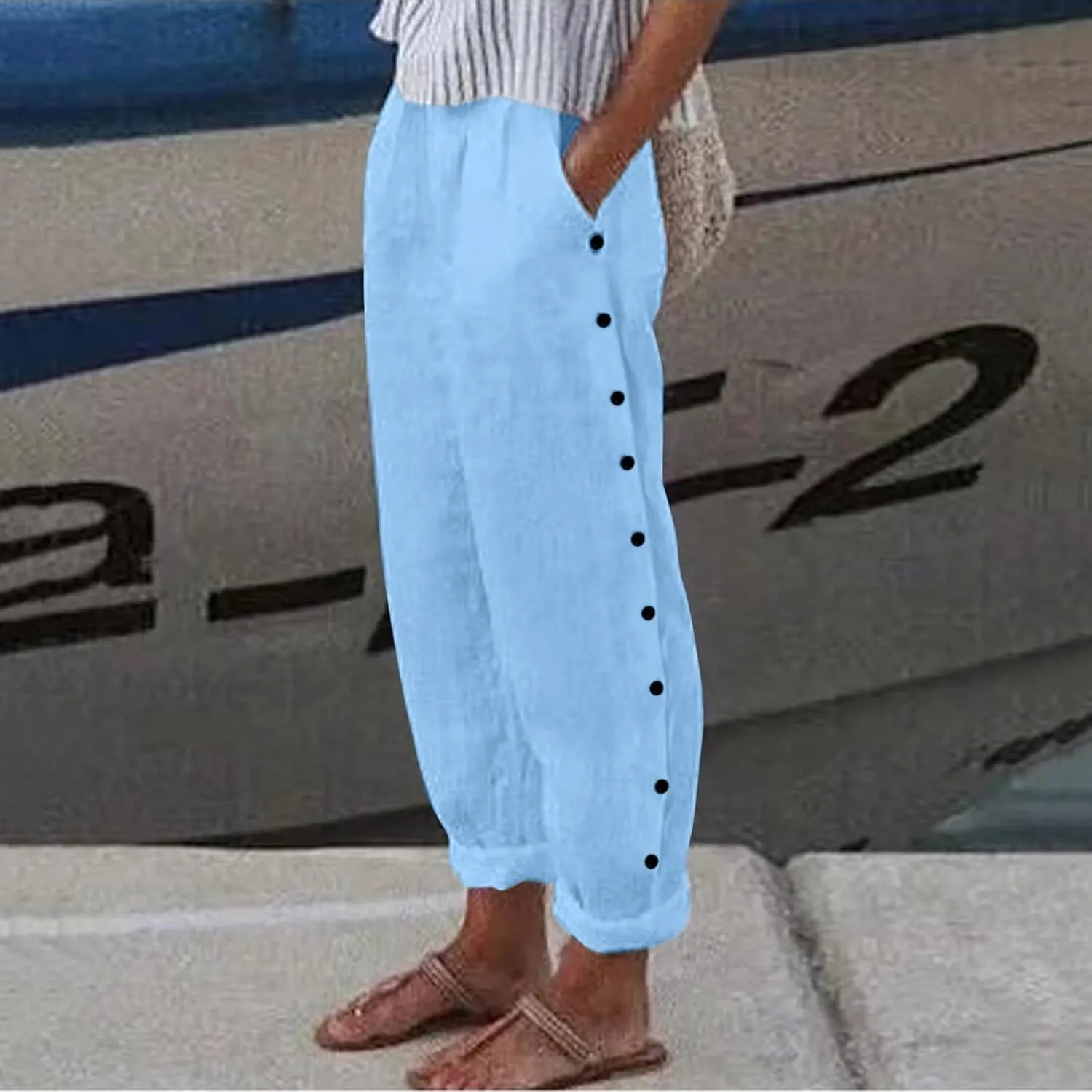 Casual Capri Pants for Women Trendy Stripe Side Button Up Pants Elastic Waist Straight Leg Trousers with Pocket