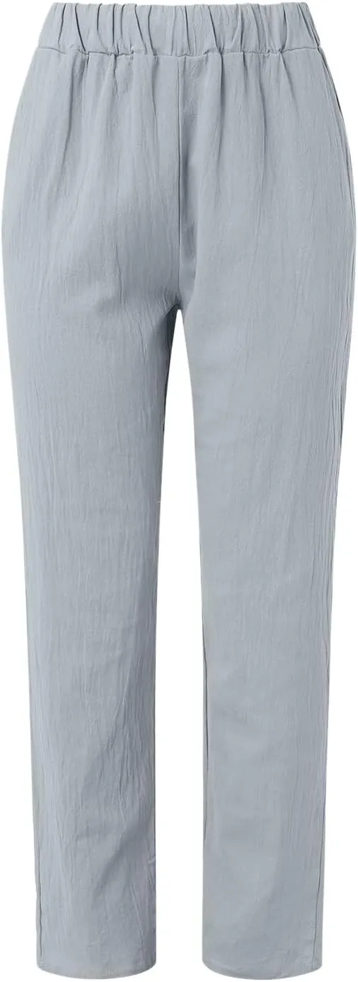 Casual Capri Pants for Women Trendy Stripe Side Button Up Pants Elastic Waist Straight Leg Trousers with Pocket