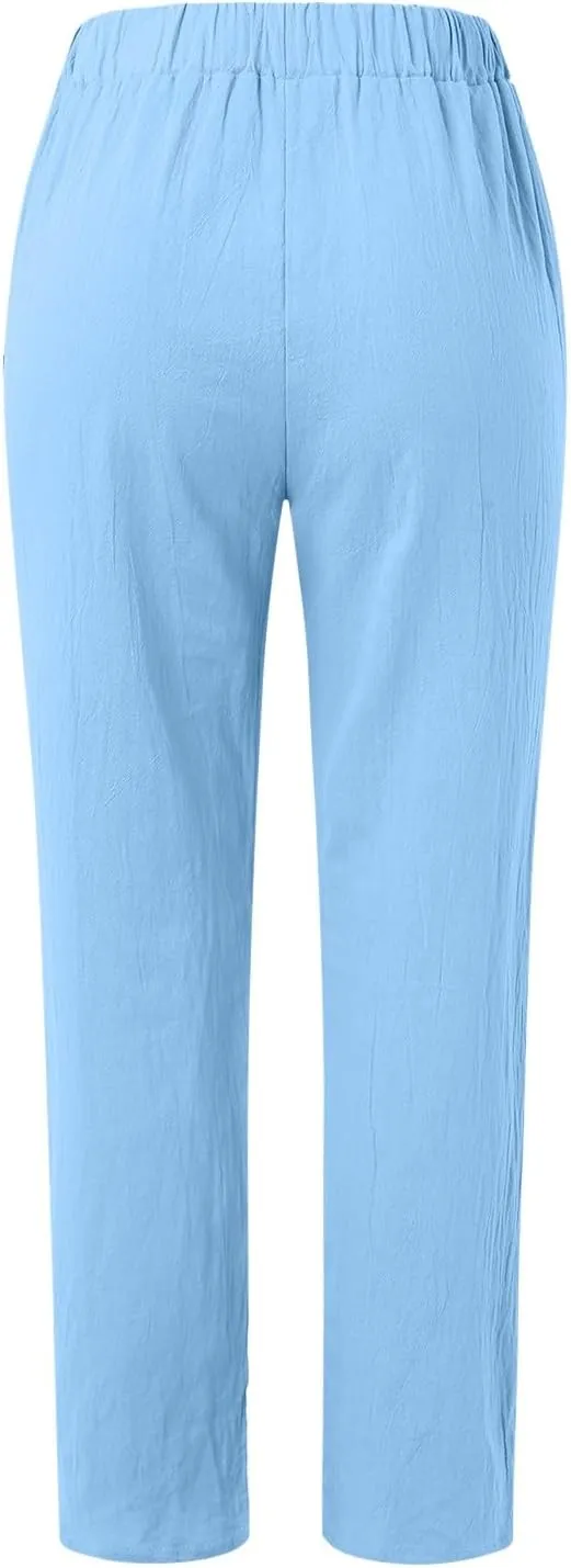 Casual Capri Pants for Women Trendy Stripe Side Button Up Pants Elastic Waist Straight Leg Trousers with Pocket