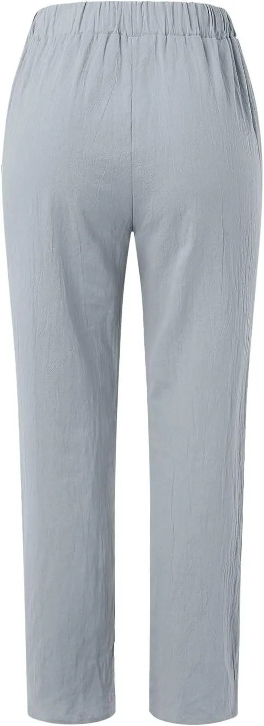 Casual Capri Pants for Women Trendy Stripe Side Button Up Pants Elastic Waist Straight Leg Trousers with Pocket