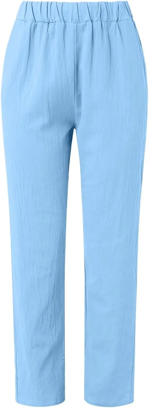 Casual Capri Pants for Women Trendy Stripe Side Button Up Pants Elastic Waist Straight Leg Trousers with Pocket