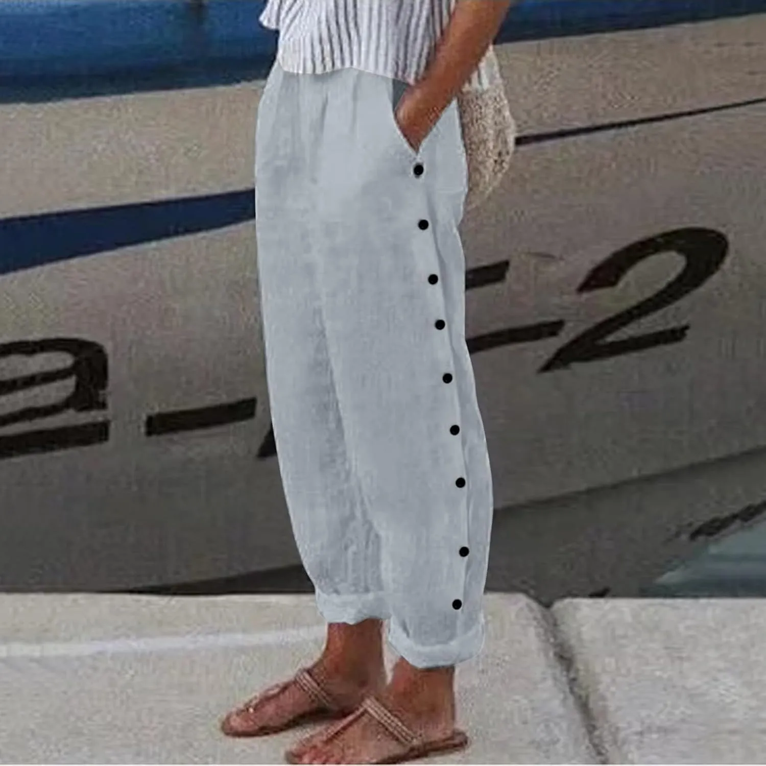 Casual Capri Pants for Women Trendy Stripe Side Button Up Pants Elastic Waist Straight Leg Trousers with Pocket