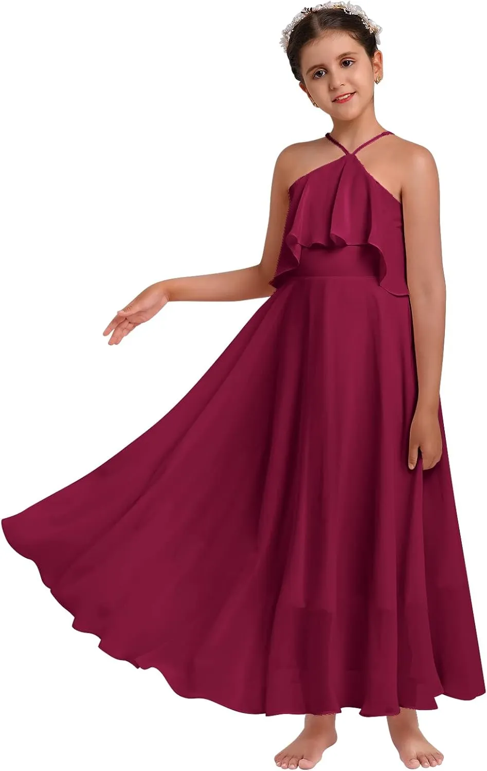 Chiffon Prom Formal Party Princess Bridesmaid Flower Girl's Dress for Kids Halter Backless Holiday Evening Gown