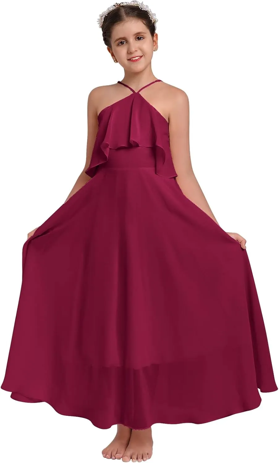 Chiffon Prom Formal Party Princess Bridesmaid Flower Girl's Dress for Kids Halter Backless Holiday Evening Gown