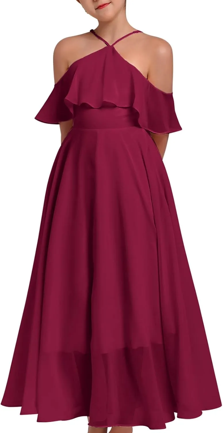 Chiffon Prom Formal Party Princess Bridesmaid Flower Girl's Dress for Kids Halter Backless Holiday Evening Gown