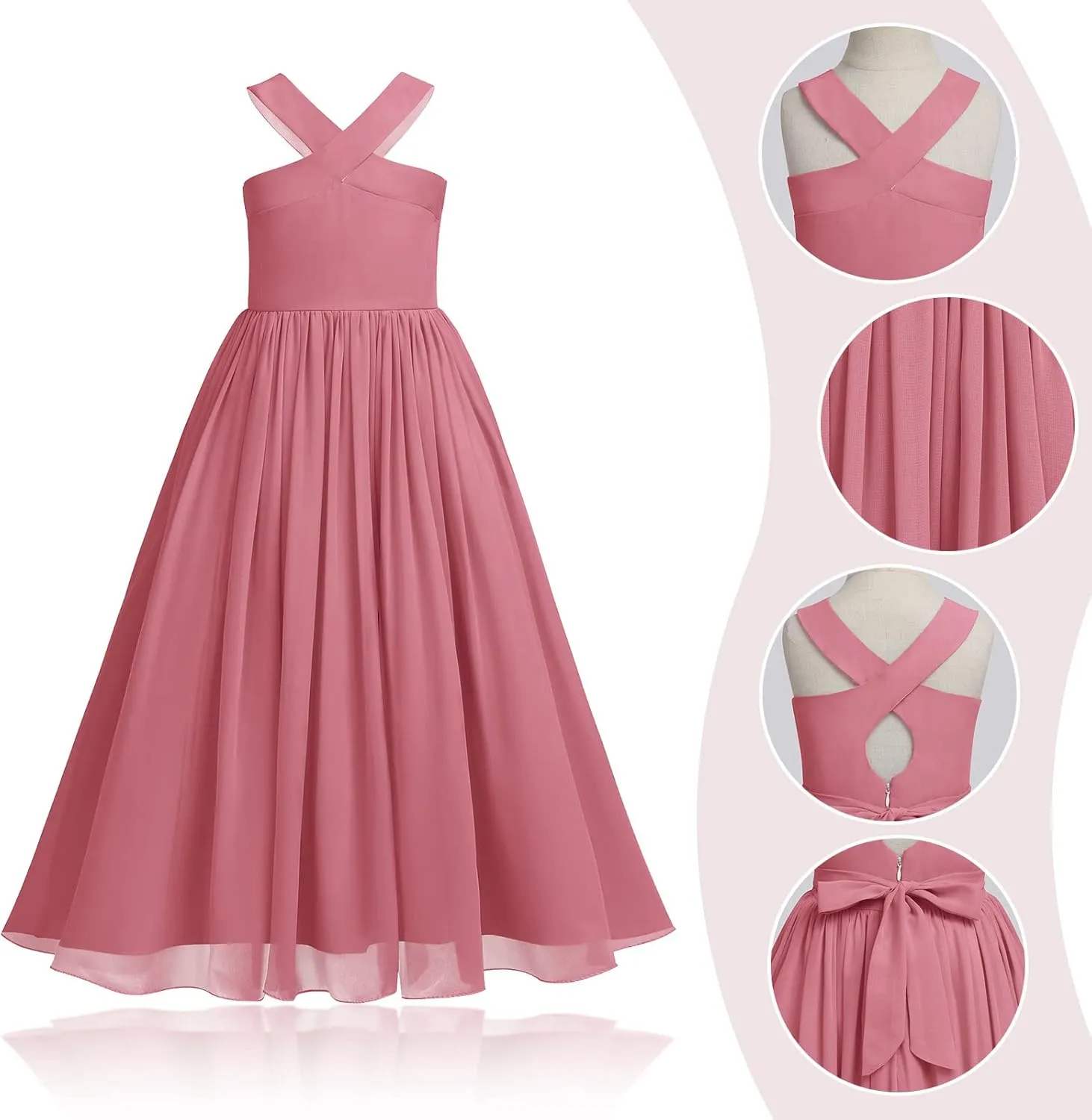 Chiffon Prom Formal Party Princess Bridesmaid Flower Girl's Dress for Kids Halter Backless Holiday Evening Gown