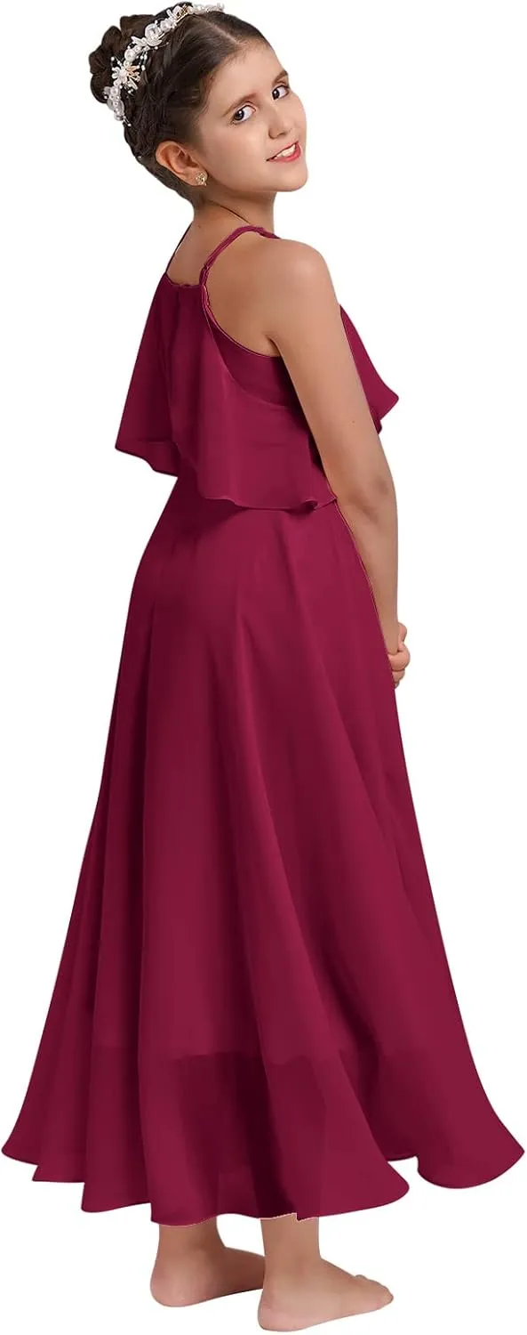 Chiffon Prom Formal Party Princess Bridesmaid Flower Girl's Dress for Kids Halter Backless Holiday Evening Gown