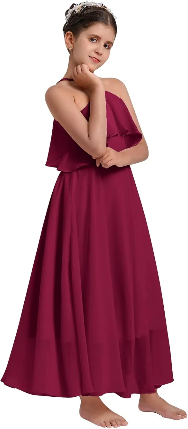 Chiffon Prom Formal Party Princess Bridesmaid Flower Girl's Dress for Kids Halter Backless Holiday Evening Gown