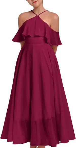 Chiffon Prom Formal Party Princess Bridesmaid Flower Girl's Dress for Kids Halter Backless Holiday Evening Gown