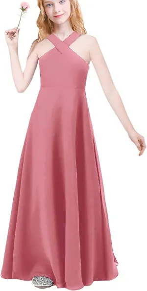 Chiffon Prom Formal Party Princess Bridesmaid Flower Girl's Dress for Kids Halter Backless Holiday Evening Gown