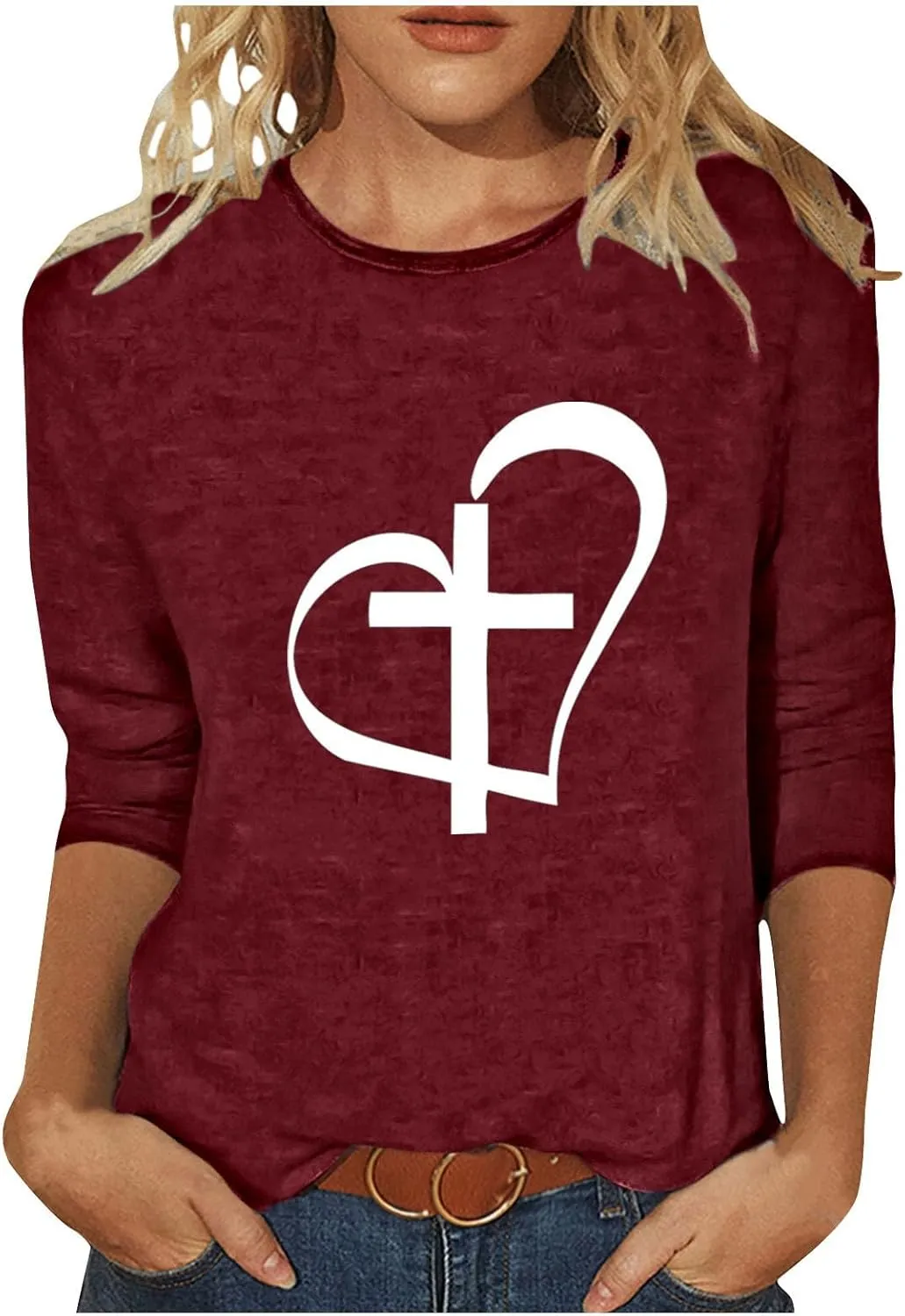 Christian Easter Good Friday Shirt Womens 3/4 Sleeve Tops Dressy Casual Faith Jesus Cross Heart Print Crewneck Tee Shirts