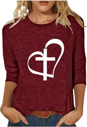 Christian Easter Good Friday Shirt Womens 3/4 Sleeve Tops Dressy Casual Faith Jesus Cross Heart Print Crewneck Tee Shirts