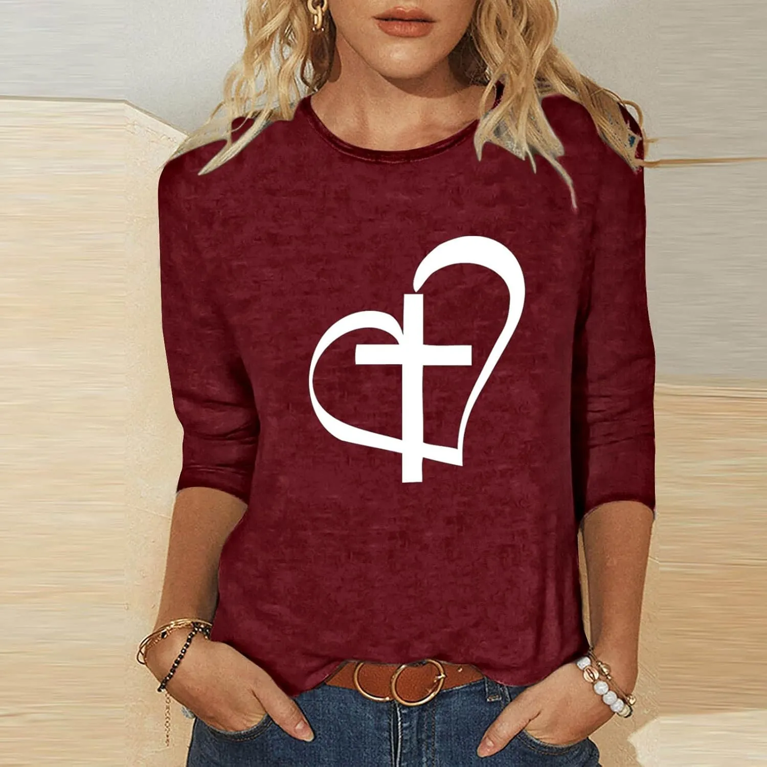 Christian Easter Good Friday Shirt Womens 3/4 Sleeve Tops Dressy Casual Faith Jesus Cross Heart Print Crewneck Tee Shirts
