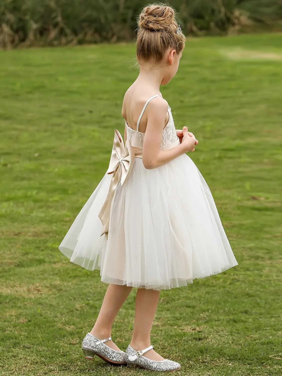 Christmas Flower Girl Dress Floor Length Button Draped Tulle Ball Gowns for Kids