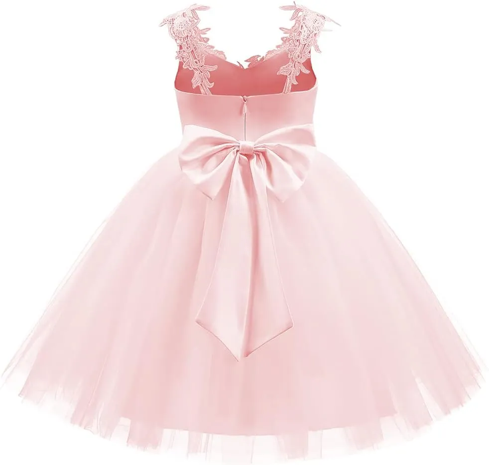 Christmas Flower Girl Dress Floor Length Button Draped Tulle Ball Gowns for Kids