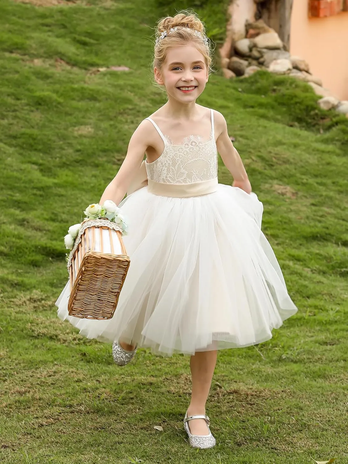 Christmas Flower Girl Dress Floor Length Button Draped Tulle Ball Gowns for Kids