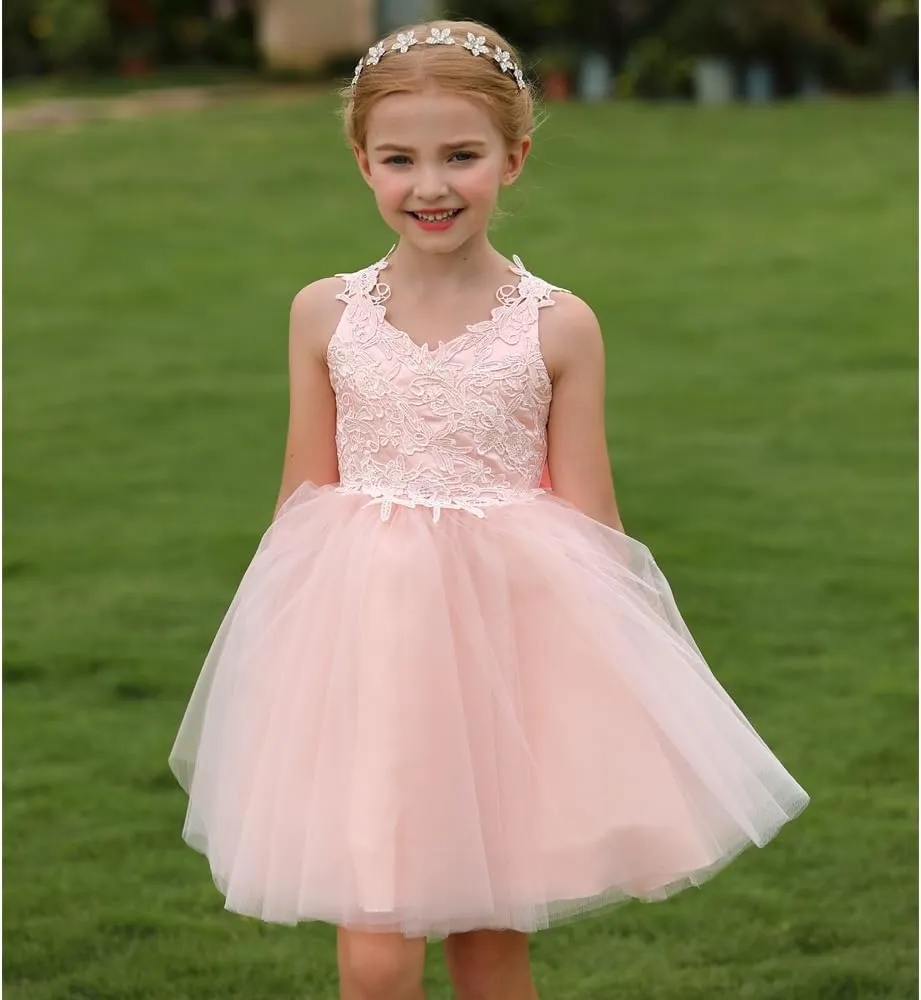 Christmas Flower Girl Dress Floor Length Button Draped Tulle Ball Gowns for Kids