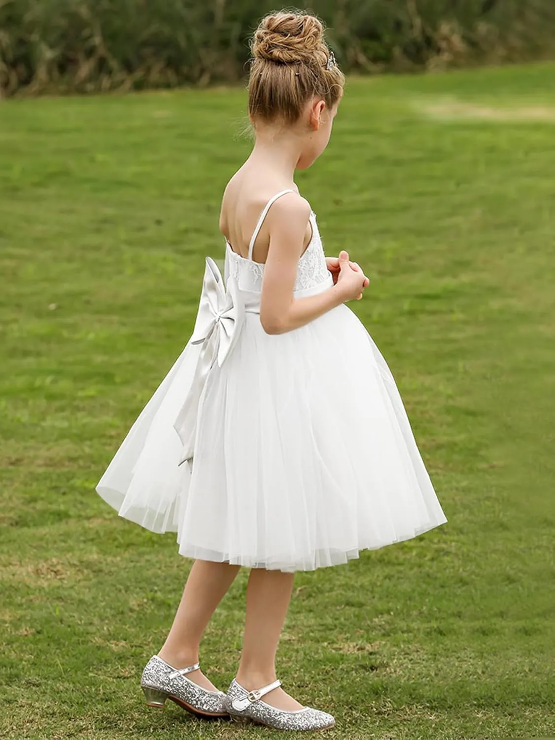 Christmas Flower Girl Dress Floor Length Button Draped Tulle Ball Gowns for Kids