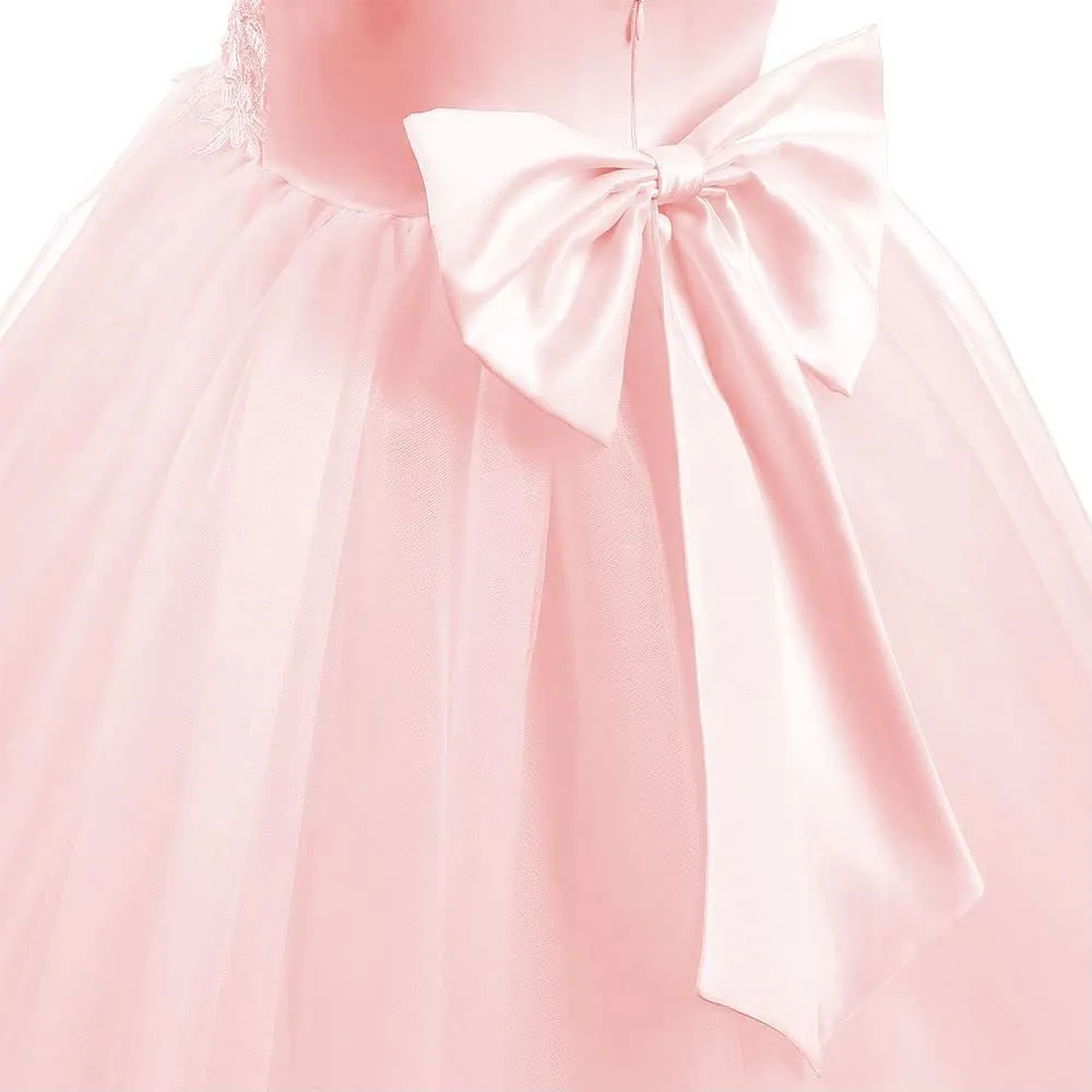 Christmas Flower Girl Dress Floor Length Button Draped Tulle Ball Gowns for Kids