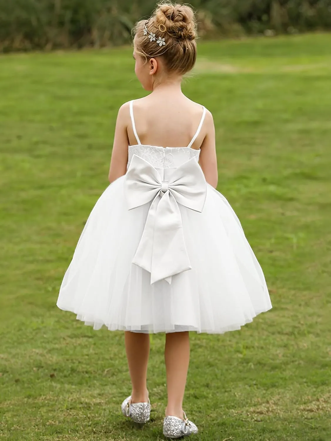 Christmas Flower Girl Dress Floor Length Button Draped Tulle Ball Gowns for Kids