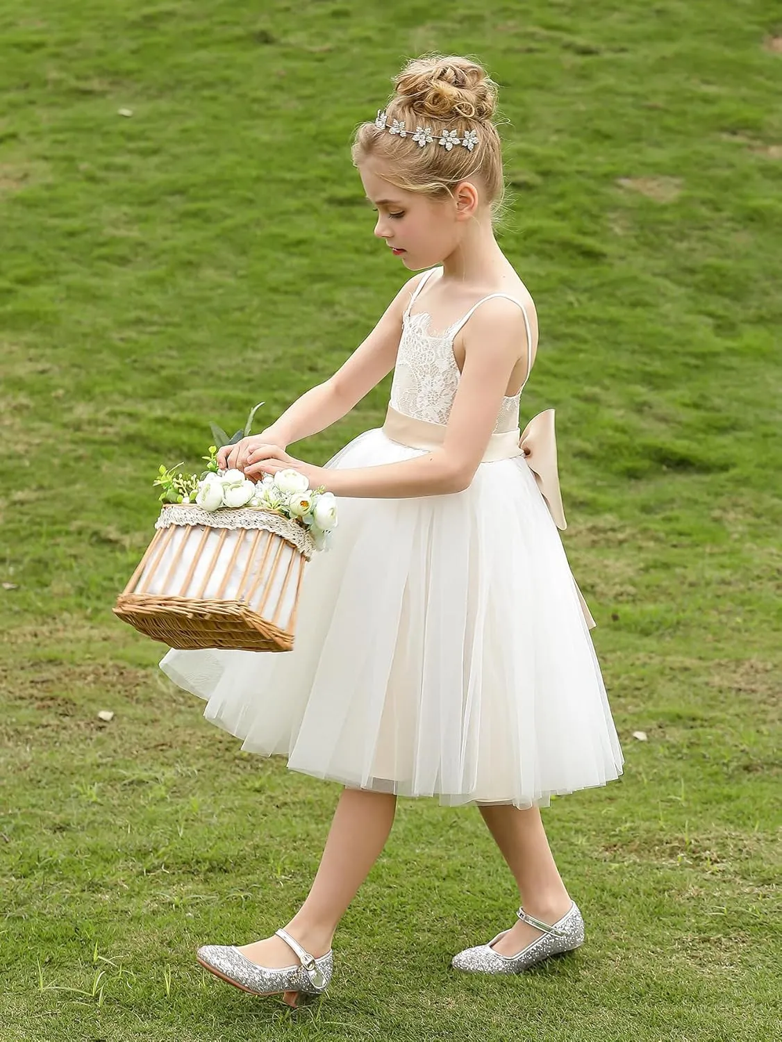 Christmas Flower Girl Dress Floor Length Button Draped Tulle Ball Gowns for Kids