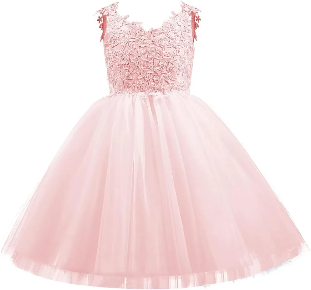 Christmas Flower Girl Dress Floor Length Button Draped Tulle Ball Gowns for Kids