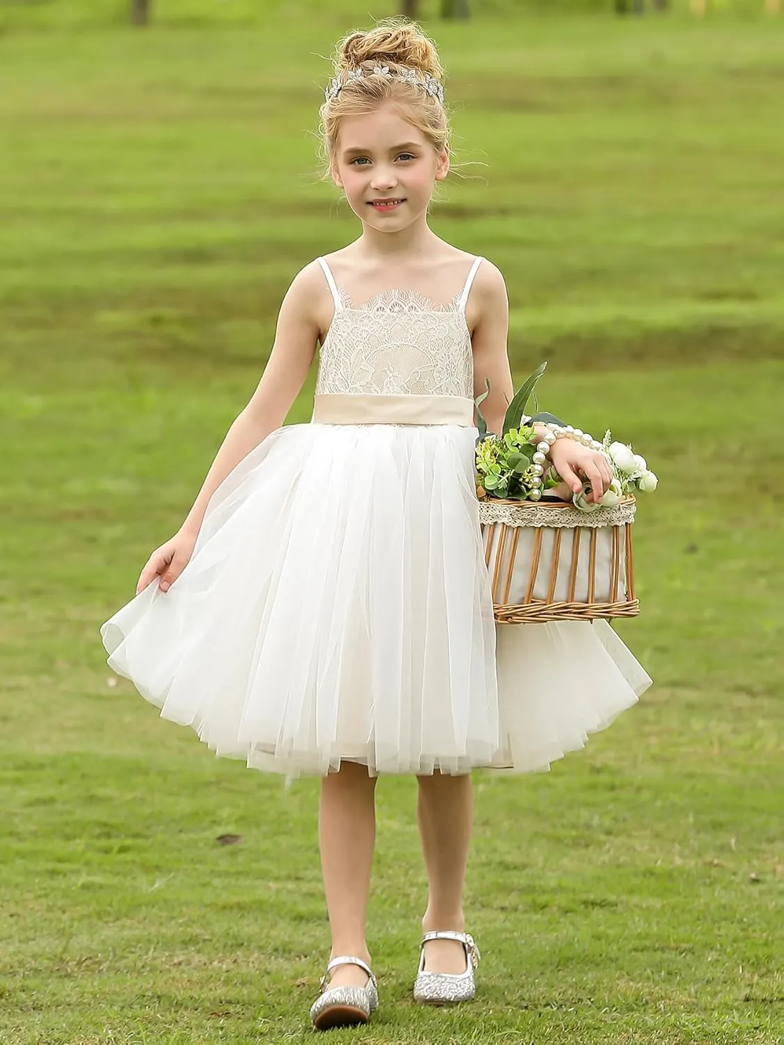 Christmas Flower Girl Dress Floor Length Button Draped Tulle Ball Gowns for Kids