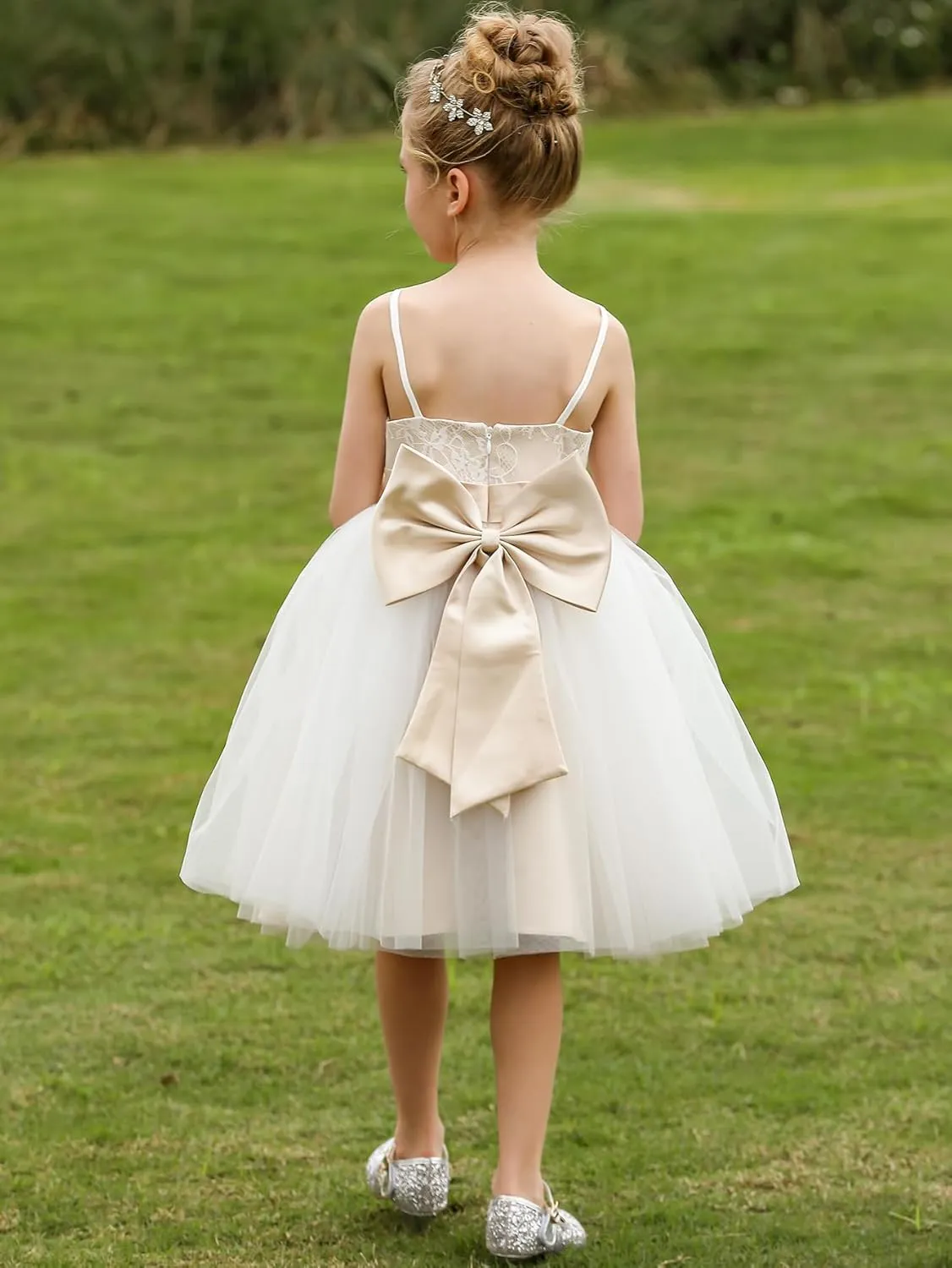 Christmas Flower Girl Dress Floor Length Button Draped Tulle Ball Gowns for Kids