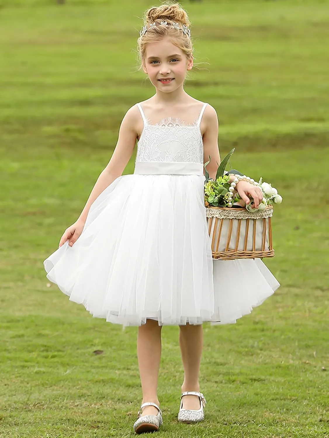Christmas Flower Girl Dress Floor Length Button Draped Tulle Ball Gowns for Kids
