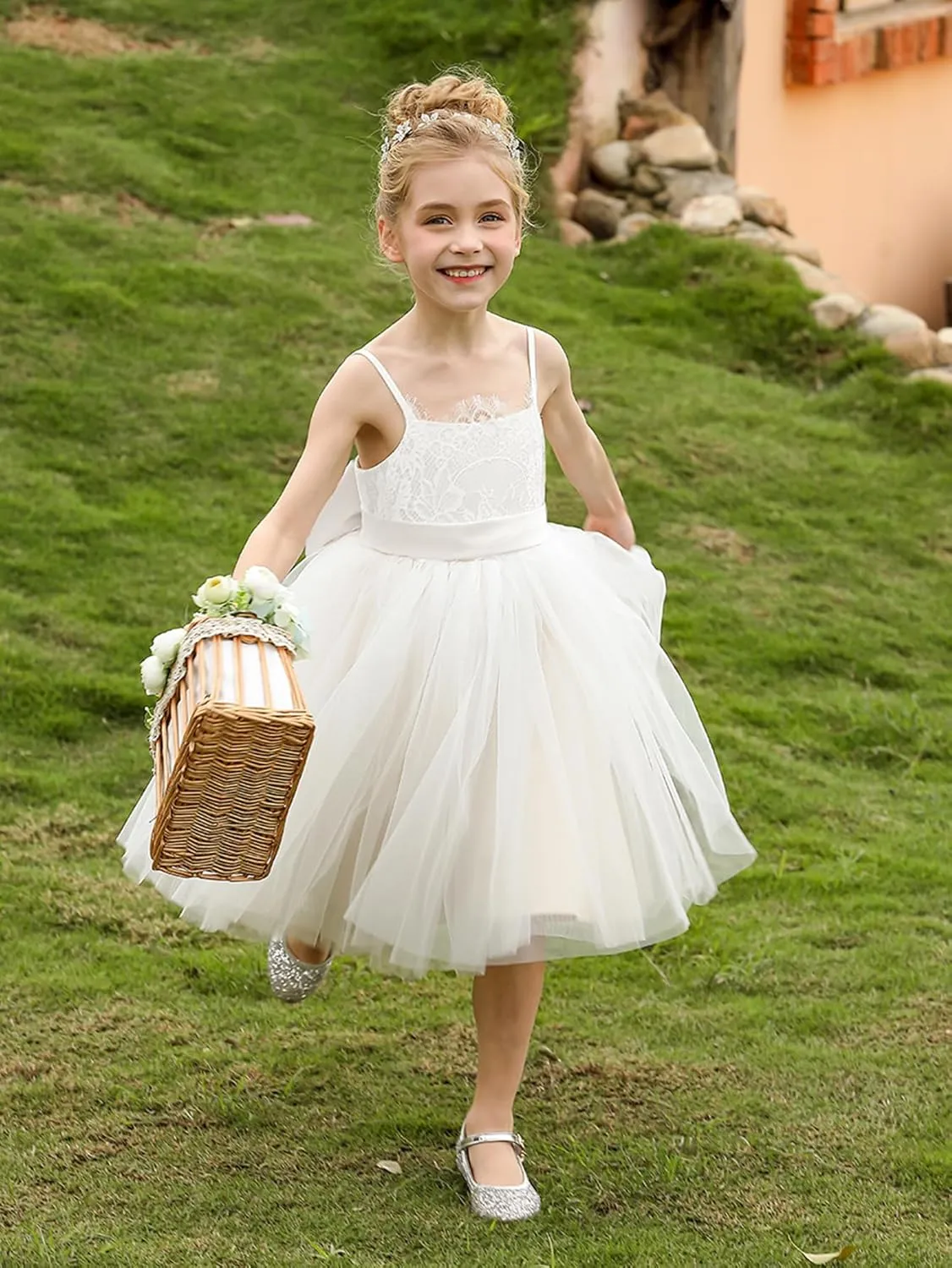 Christmas Flower Girl Dress Floor Length Button Draped Tulle Ball Gowns for Kids
