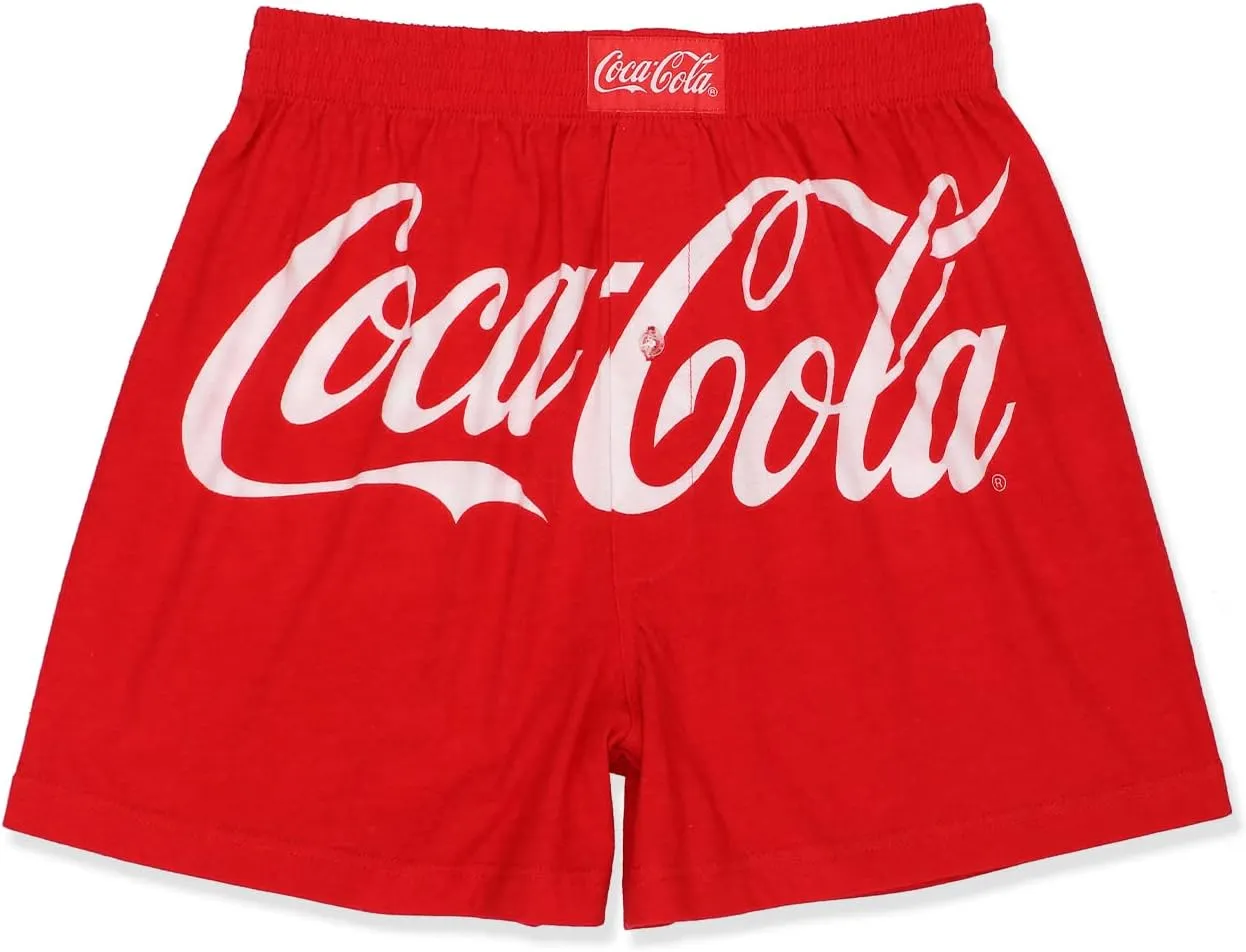 Coca-Cola Mens Novelty Button Fly Cotton Boxer Lounge Shorts Underwear (Large, Red)