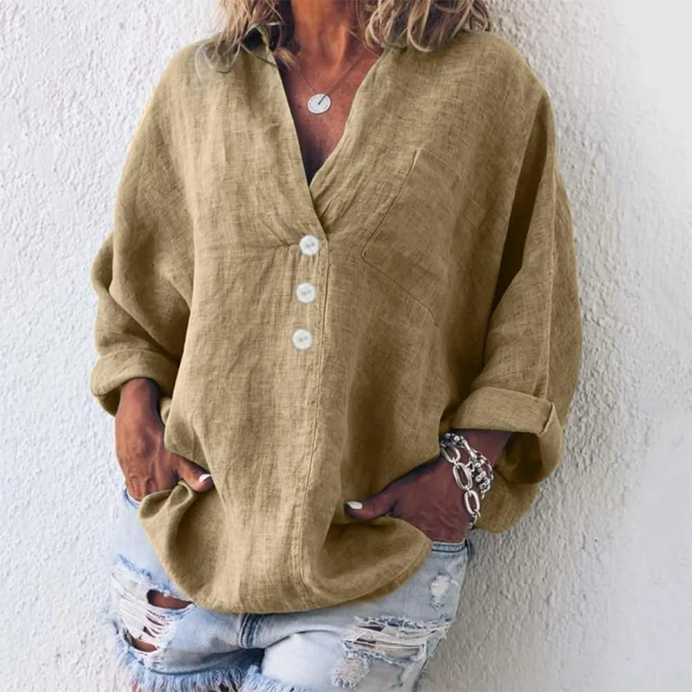 Costaric Women's Buttons Down Shirts Long Sleeve V-Neck Lightweight Pullover Tops Casual Loose Fit Tunics Blouses