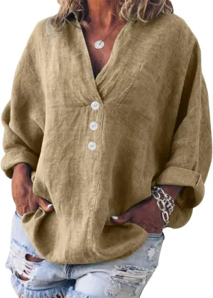 Costaric Women's Buttons Down Shirts Long Sleeve V-Neck Lightweight Pullover Tops Casual Loose Fit Tunics Blouses