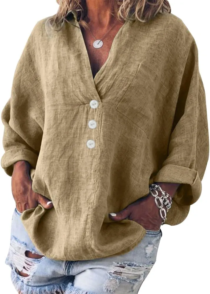 Costaric Women's Buttons Down Shirts Long Sleeve V-Neck Lightweight Pullover Tops Casual Loose Fit Tunics Blouses
