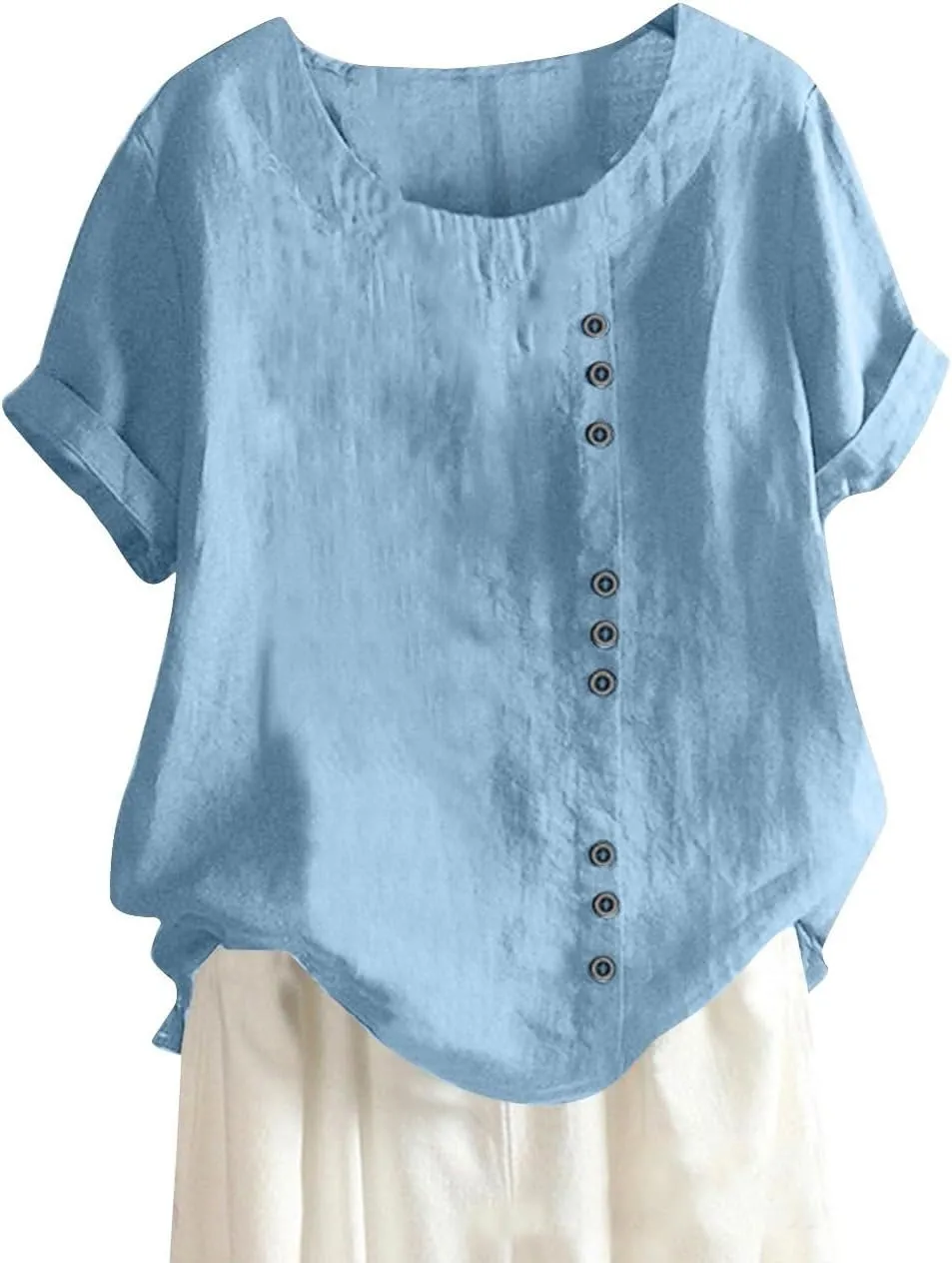 Cotton Linen Tops for Women Short Sleeve Round Neck T Shirts Oversized Embroidery Floral Printed Loose Blouses S-5XL