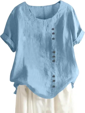 Cotton Linen Tops for Women Short Sleeve Round Neck T Shirts Oversized Embroidery Floral Printed Loose Blouses S-5XL