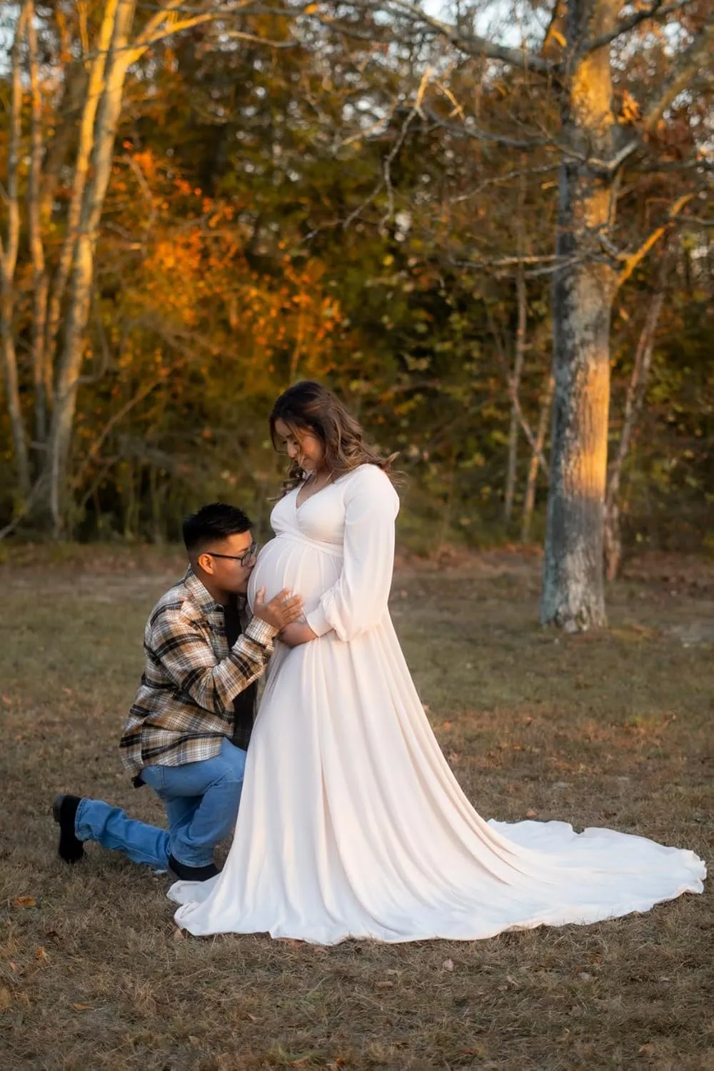 Dedysler Maternity Gowns Long Sleeves Baby Shower Dress for Photoshoot Wrap Split Sweetheart Maxi Photography